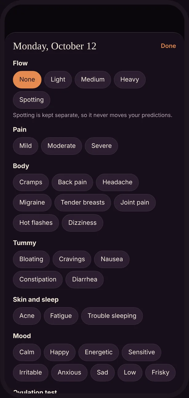 The log sheet in dark mode.