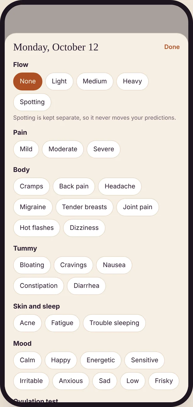 The log sheet: chips for flow, pain, body symptoms and mood.
